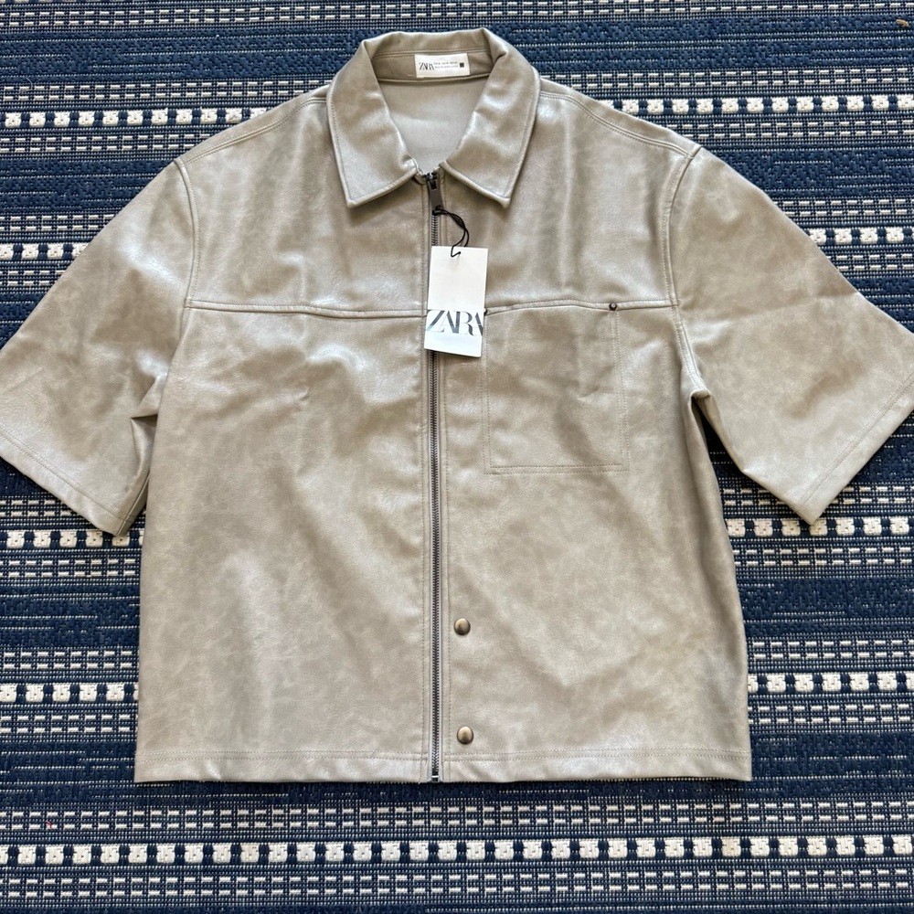 Zara Man Light Taupe Short Sleeve Shirt Jacket faux leather new
